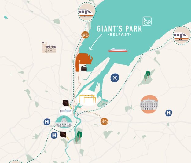 Map showing location of Giant's Park Belfast in relation to other key landmarks