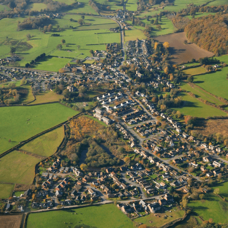 Drone footage of rural dwellings in Northern Ireland